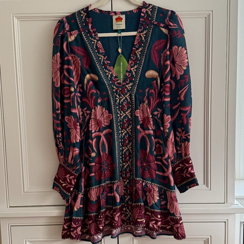 **NWT** Farm Rio Seashell Tapestry Teal Long Sleeve Mini Dress (S)